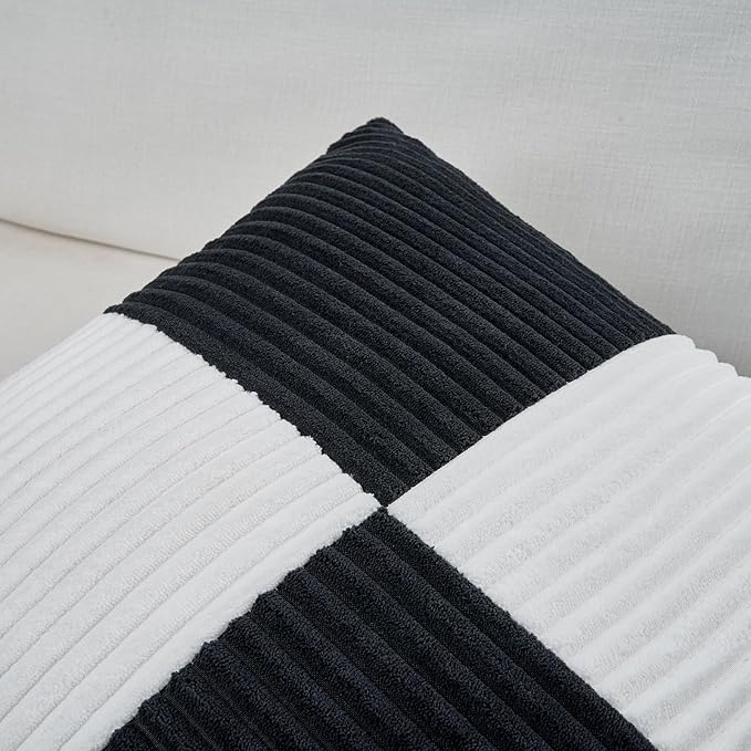 Fancy Homi Set of 2 Black White Decorative Throw Pillow Covers 16x16 Inch for Living Room Couch Bed, Modern Farmhouse Boho Home Decor, Soft Striped Corduroy Textured Square Cushion Case 40x40 cm