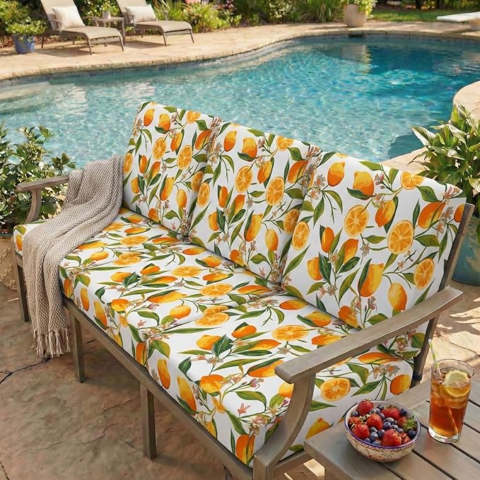 hyha Printed Couch Cushion Covers, Floral Sofa Covers Washable for 2 Cushion Couch, Stretch Pattern Outdoor Cushion Covers for Patio Furniture with Elastic Bottom(Medium, Lemon)