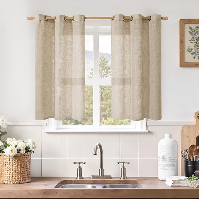 LAMIT Kitchen Linen Curtains 40 Inch Length, Soft Thick Light Filtering Bronze Grommet Window Textured Neutral Sheer Drapes for Cafe/Window/Loft Room, 2 Panels, 34 x 40 Inch, Brown