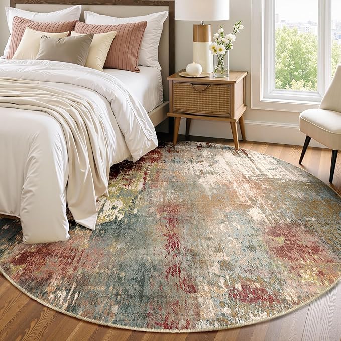 Washable Area Rugs 6ft Non-Slip Modern Abstract Soft for Living Room Entryway Bedroom Nursery, Print Pattern, Brown Rust Red Green Blue Multi