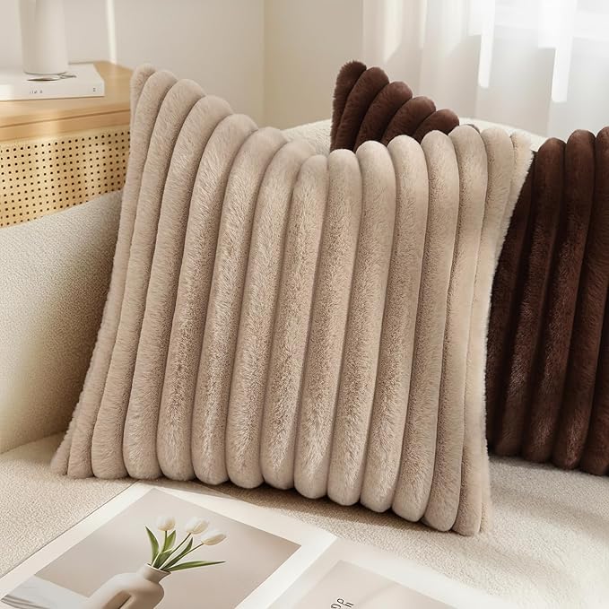 decorUhome Cozy Faux Fur Throw Pillow Covers 18x18 Set of 2 Decorative Soft Plush Striped Modern Farmhouse Boho Couch Pillow Cases with Velvet Back for Sofa Bed Living Room, Khaki Brown