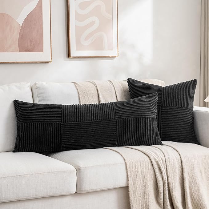 Fancy Homi Set of 2 Black Boho Long Lumbar Body Decorative Throw Pillow Cover 14x36 Inch for Bed Couch Bedroom Bench, Soft Patchwork Corduroy Textured Pillow Case, Rustic Farmhouse Room Décor