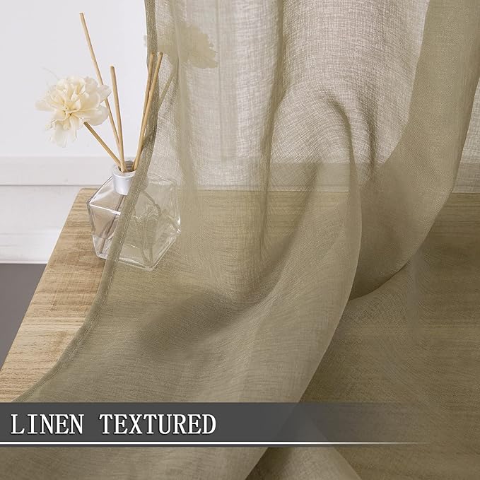 Tollpiz Sheer Curtains Bedroom Linen Textured Curtain Sheers Light Filtering Voile Rod Pocket Curtains for Living Room, 38 x 84 inches Long, Taos Taupe, Set of 2 Panels