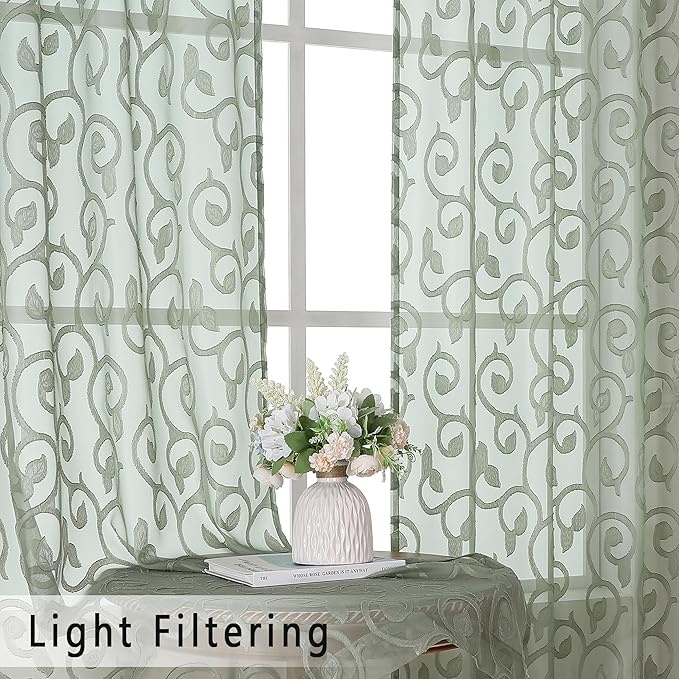 OWENIE Furman Sage Green Sheer Curtains 54 Inch Length 2 Panels Set for Living Room Bedroom Bathroom Small Window, Airy Jacquard Clip Short Curtains Each 42Wx54L inch