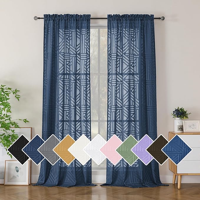 Simplebrand Navy Blue Semi Sheer Curtains 96 Inches Long 2 Panels, Light Filtering Geometric Jacquard Clip Textured Sheer Curtains for Living Room，Modern Elegant Window Curtains Drapes，42x96 inch