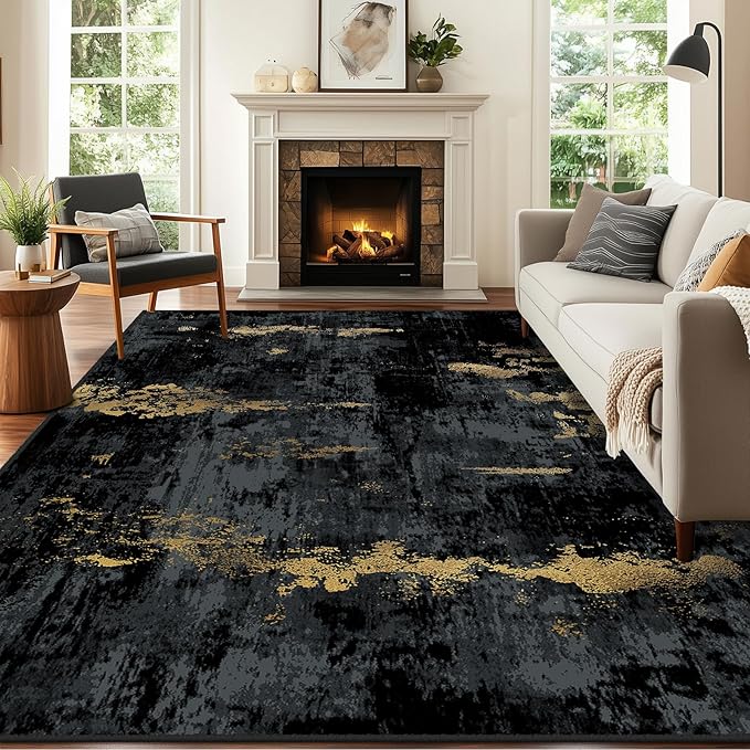Washable Area Rugs 6'x9' Non-Slip Modern Abstract Soft for Living Room Entryway Bedroom Nursery, Print Pattern, Dark Black Gold