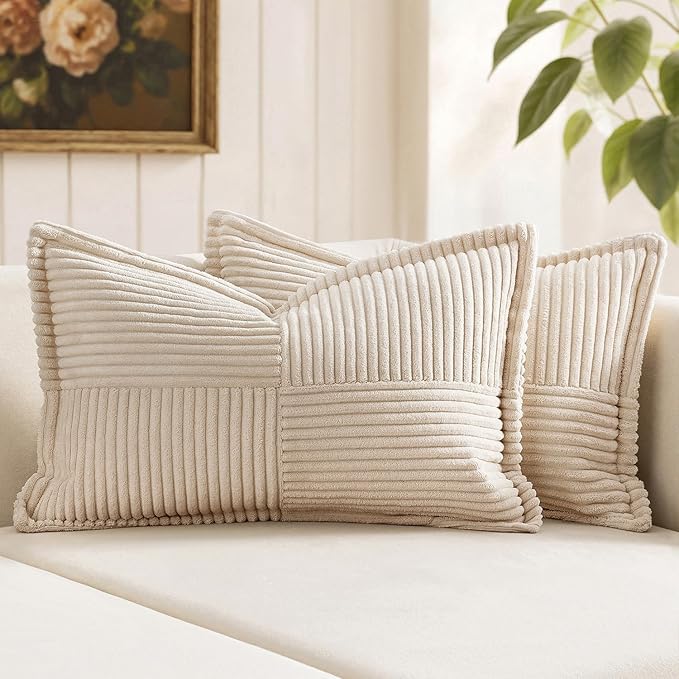 MIULEE Decorative Lumbar Throw Pillow Covers for Couch Bed Livingroom 14x22 Inch Set of 2 Beige Boho Accent Throw Pllows Broadside Striped Patchwork Soft Corduroy Pillowcases