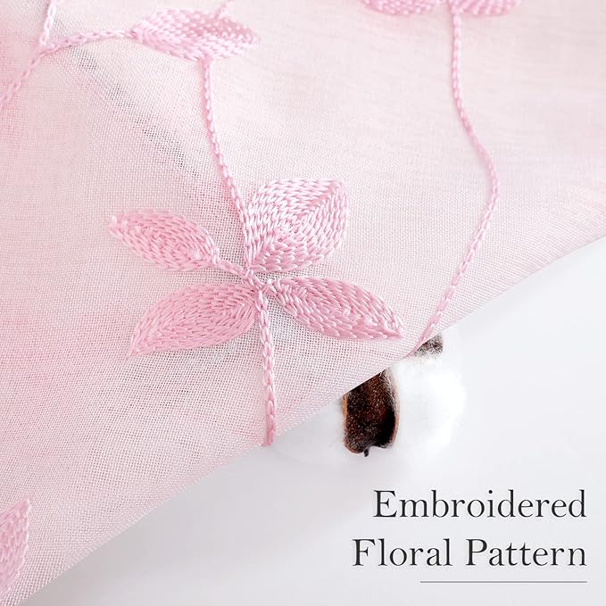 HOMEIDEAS Pink Sheer Curtains 52 X 84 Inches Length 2 Panels Embroidered Vine Floral Pattern Pocket Faux Linen Semi Sheer Voile Window Drapes for Bedroom Living Room
