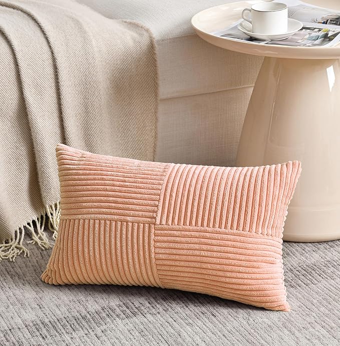 Fancy Homi 2 Packs Peach Lumbar Decorative Throw Pillow Covers 20x28 Inch for Living Room Couch Bed Sofa, Rustic Farmhouse Boho Home Decor, Soft Striped Corduroy Rectangle Accent Cushion Case 50x70 cm