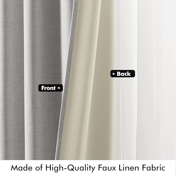 MIULEE 100% Blackout Linen Curtains for Bedroom, Greyish White Solid Luxury Decor Thermal Insulation Room Darkening Drapes for Living Room Nursery Back Tab Rod Pocket 42 x 63 Inches, 2 Panels