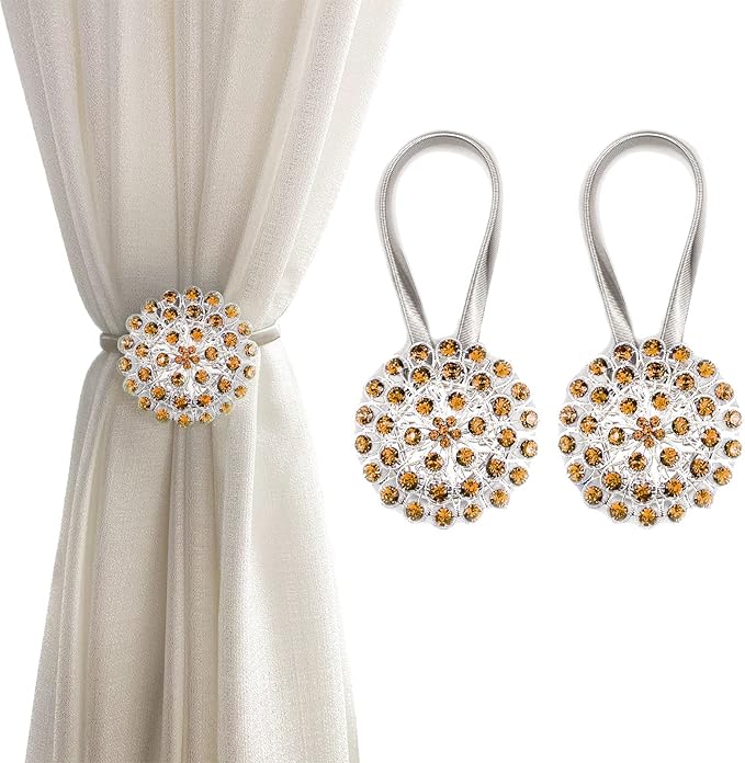 Magnetic Tiebacks for Curtains, 2 Pack Sparkling Crystal Flower Curtain Tiebacks Curtain Buckle Clips with High-Elastic Spring Wire for Home Office Decoration (Yellow)