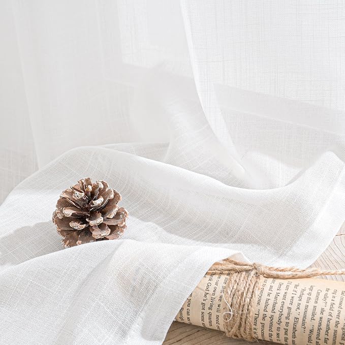 BGment White Semi Sheer Linen Curtains 63 Inch Length for Living Room 2 Panels Set - Rod Pocket Natural Textured Light Filtering Window Drapes for Bedroom Lightweight Rustic, 42 X 63 Inch