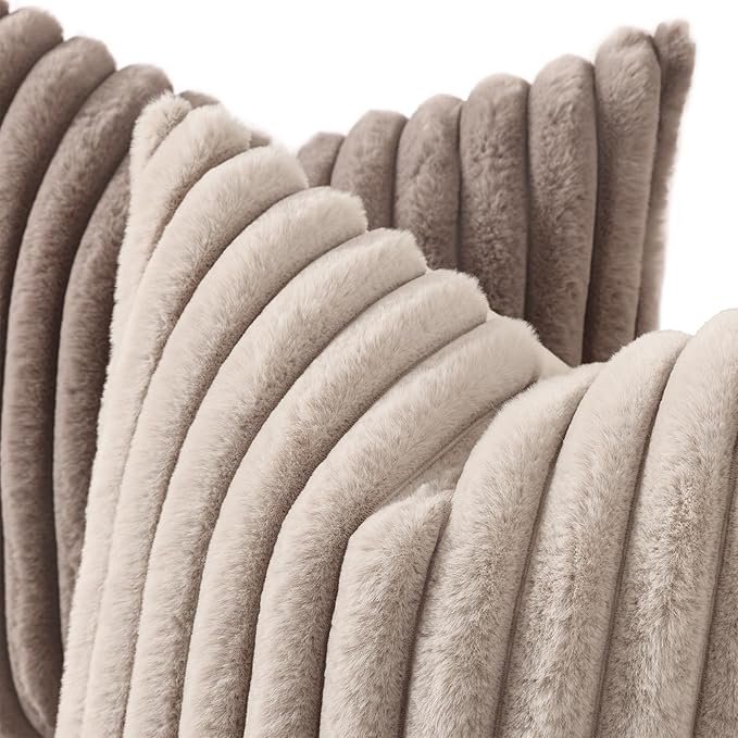 decorUhome Cozy Faux Fur Throw Pillow Covers 18x18 Set of 2 Decorative Soft Plush Striped Modern Farmhouse Boho Couch Pillow Cases with Velvet Back for Sofa Bed Living Room, Tan