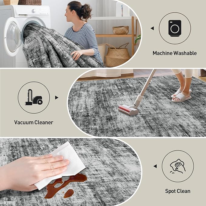 4x6 Area Rugs Washable Rug: Modern Abstract Living Room Rug Soft Anti-Skid Thin Carpet Indoor Floor Non-Shedding Carpets for Bedroom Dining Room Farmhouse Nursery Home Office - Black