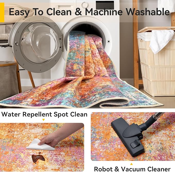 Washable Area Rugs 2'x10' Non-Slip Modern Abstract Soft for Living Room Entryway Bedroom Nursery, Print Pattern, Orange Blue Pink Yellow Colorful