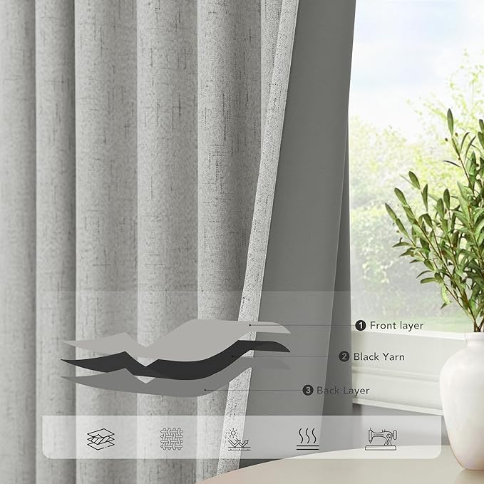 Pitalk Light Grey Blackout Curtain Panels 90 Inches Long for Bedroom 2 Panel Sets Rod Pocket Back Tab Room Darkening Linen Textured Dark Out Drapes for Living Room Thermal 52x90 in Length Dove Gray