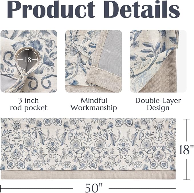 jinchan Linen Valance Kitchen Curtain for Windows Double Layer 18 Inch for Living Room Bedroom Window Treatment Light Filtering Vintage Rustic Farmhouse Cottagecore Rod Pocket 1 Panel Blue on Beige