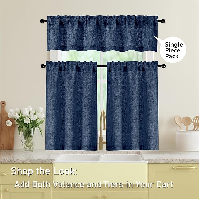 Navy Blue Valances for Windows, Light Filtering Faux Linen Textured Small Short Valance Curtains for Bathroom Basement Farmhouse, Rod Pocket Top Half Curtains for Windows, 60" Wx24 L