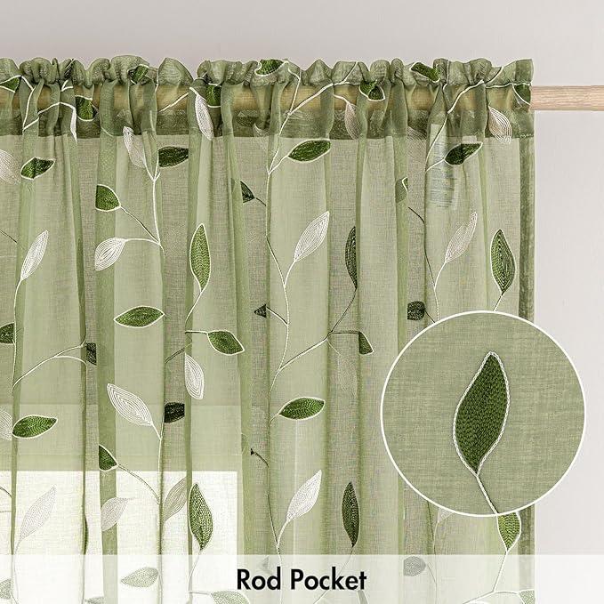 MIULEE Sage Green Sheer Curtains 2 Panels Embroidered Leaf Patterned Rod Pocket Floral Semi Sheer Faux Linen Window Curtains Drapes Set for Living Room Bedroom Dining Room, 52x96 Inches Long