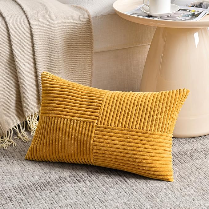 Fancy Homi 2 Packs Gold Yellow Lumbar Decorative Throw Pillow Covers 20x28 Inch for Couch Bed Sofa, Rustic Farmhouse Boho Spring Home Decor, Soft Striped Corduroy Rectangle Accent Cushion Case 50x70cm