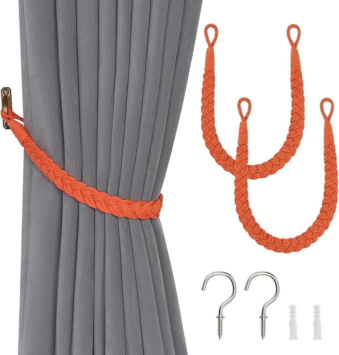 NICEEC 2 Pack Natural Cotton Rope Curtain Tiebacks Elegant Boho Style Decorative Drape Tie Backs Soft Hand-Woven Rope Curtain Holdbacks with Metal Hook for Home & Office Drapery (Orange)