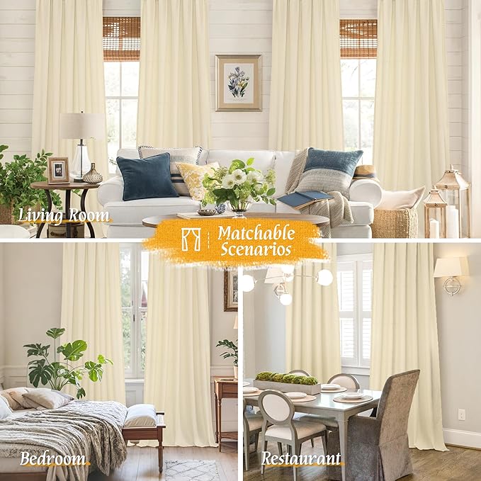 LAMIT Beige Linen Curtains 63 Inch for Bedroom, Light Filtering Neutral Faux Linen Privacy Curtains Rod Pocket Living Room Panels for Small Window, 2 Panels, 52 x 63 Inch, Beige