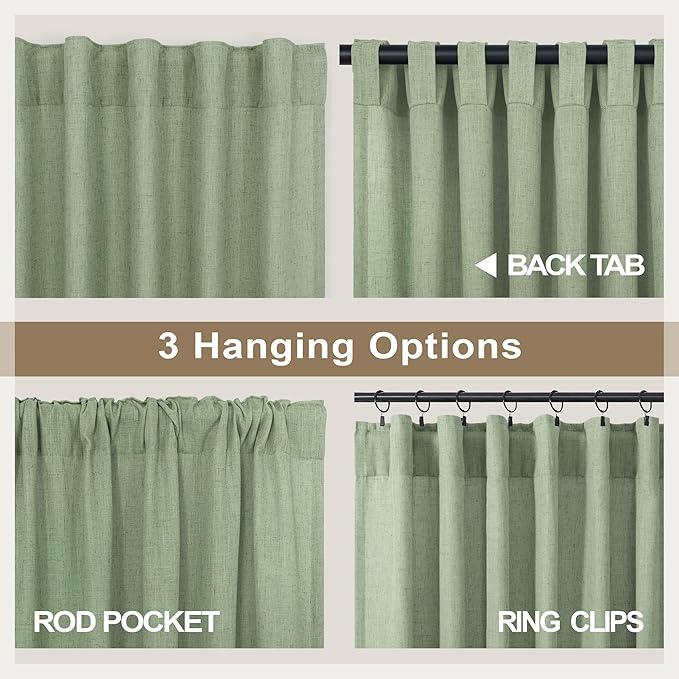 Sage Green Curtains 72 Inch Length for Bedroom 2 Panel Set Rod Pocket Back Tab Drapes Semi Sheer Light Reducing Linen Blend Woven Light Green Curtain for Living Room Dividing Closet Laundry 38X72 Long