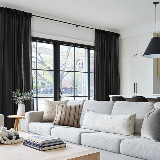 Black Linen Curtains 132 inches Long for Bedroom Back Tab Light Filtering Privacy Semi Sheer Black Curtains Living Room Boho Rustic Farmhouse Cotton Textured Gauze Curtain 2 Panel Set