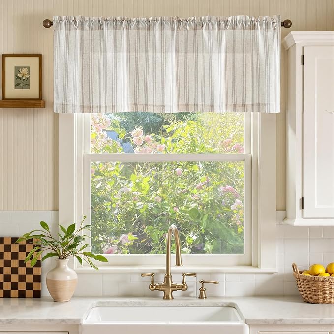 jinchan Striped Valance Farmhouse Window Treatment Linen Textured Drapes for Small Windows Kitchen Living Room RV Vintage Light Filtering Valance 16 Inch Rod Pocket 1 Panel Taupe Grey on Linen