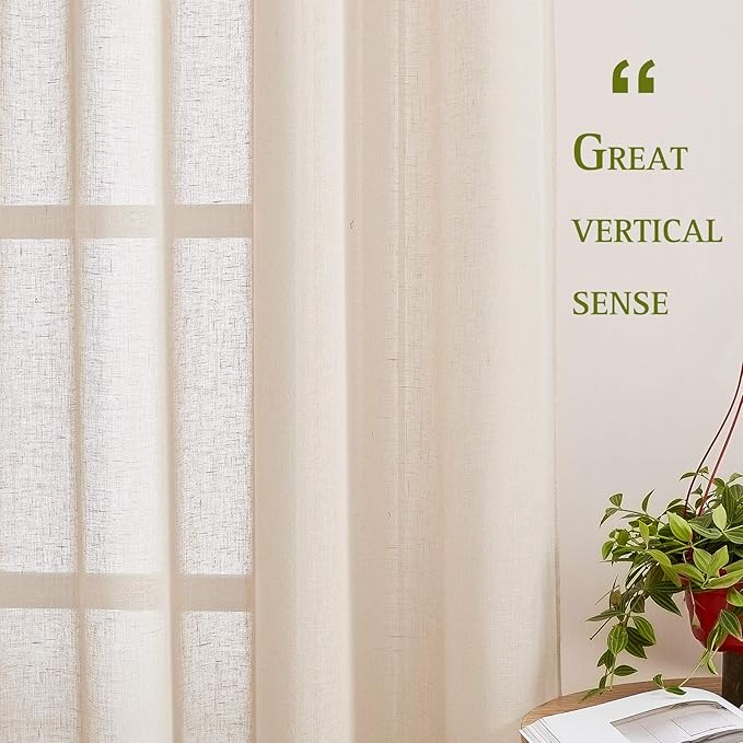 NICETOWN Sliding Door Curtains Linen Sheer Textured, Grommet Semi Sheer Keep Privacy Semi Window Drapes with Light Filtering for Living Room/Bedroom, W70 x L96, 2 Pieces, Beige