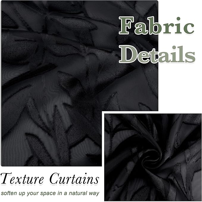 Lecloud Leia Black Sheer Kitchen Curtains 18 Inch Length 2 Pcs, Jacquard Leaf Textured Voile Valances for Windows, Dual Rod Pocket Cafe Curtains for Bathroom Basement, Each Panel 28" W x 18" L