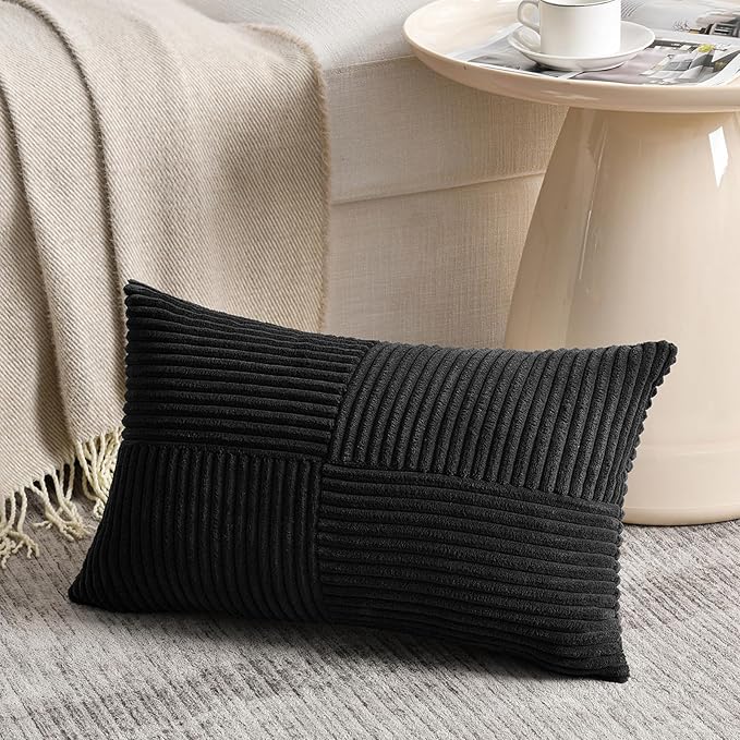 Fancy Homi 2 Packs Black Lumbar Decorative Throw Pillow Covers 16x32 Inch for Living Room Couch Bed Sofa, Rustic Farmhouse Boho Home Decor, Soft Striped Corduroy Rectangle Accent Cushion Case 40x80 cm