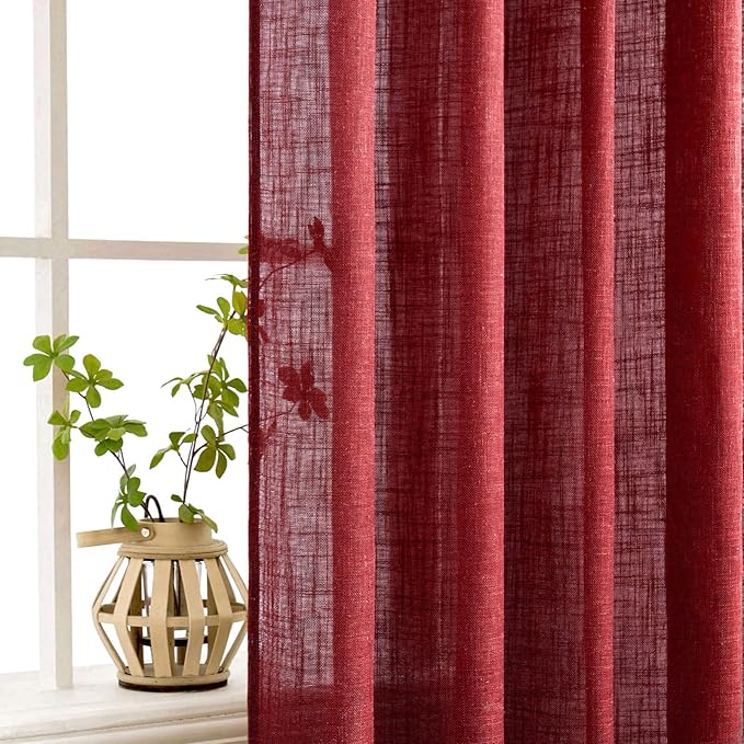 MIULEE Burgundy Red Linen Curtains 96 Inch Long for Bedroom Living Room, Soft Thick Linen Textured Window Drapes Semi Sheer Light Filtering Rod Pocket Back Tab Christmas Burlap Look, 2 Panels
