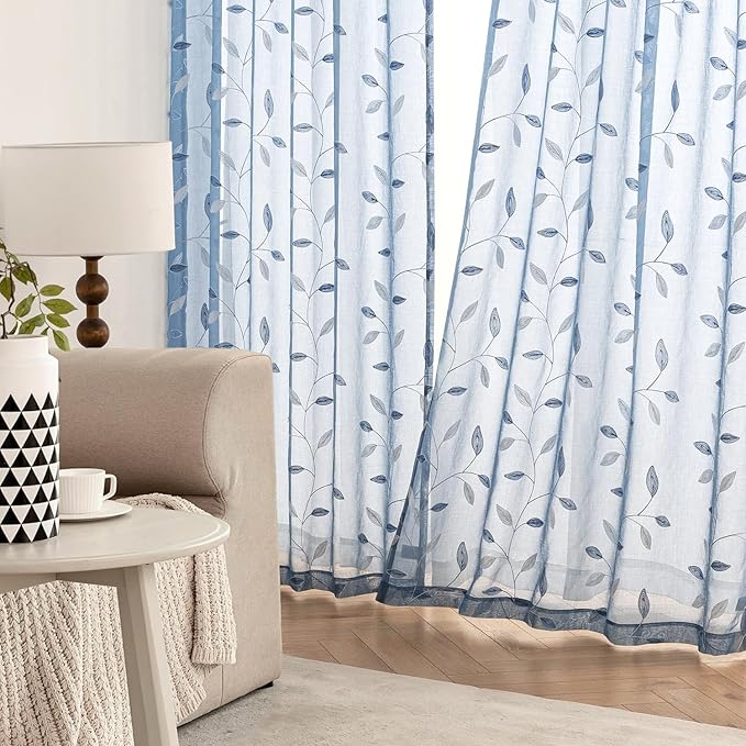 MIULEE Dusty Blue Sheer Curtains 2 Panels Embroidered Leaf Patterned Rod Pocket Floral Semi Sheer Faux Linen Window Curtains Drapes Set for Living Room Bedroom Dining Room, 52x84 Inches Long