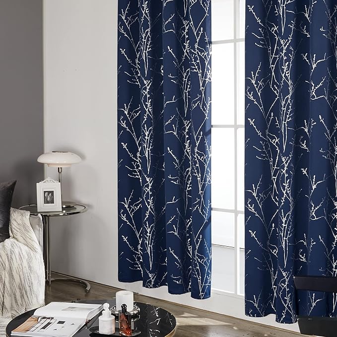 Deconovo Blackout Curtains, Navy Blue Curtain, Thermal Insulated Soundproof Drapes, Branch Silver Print, 42 x 84 Inch Long, Machine Washable Grommet Panels for Bedroom Living Room Office, Set of 2