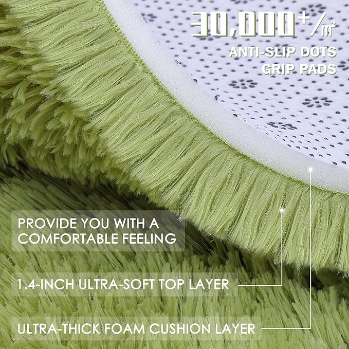 OLANLY Grass Green Round Rugs for Bedroom - Machine Washable, 4 ft Circle Area Rugs for Living Room, Soft and Fluffy Shaggy Carpet for Teen Girls and Boys, Nursery Rooms, Dorms, Home Decor Aesthetic