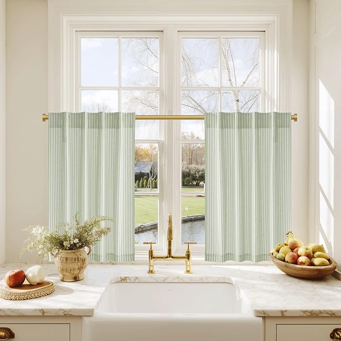 RYB HOME Linen Kitchen Striped Curtains for Cafe Bathroom Small Window, Short Pinstripe Drapes 36 inch Length Half Curtains for Living Room Boho Rustic Farmhouse, Sage Green, W26 x L36, 2 Panels