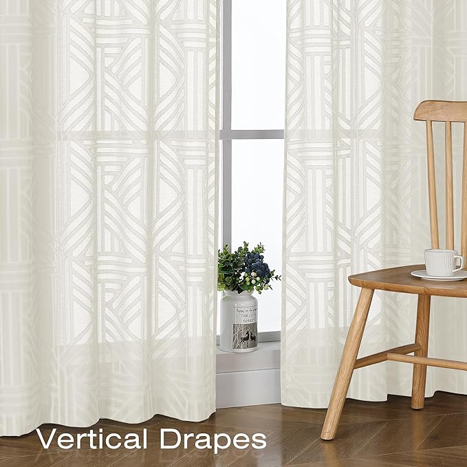 Simplebrand Ivory Semi Sheer Curtains 63 Inch Length 2 Panels, Light Filtering Geometric Jacquard Clip Textured Short Sheer Curtains for Bedroom，Modern Elegant Window Curtains Drapes，42x63 inch