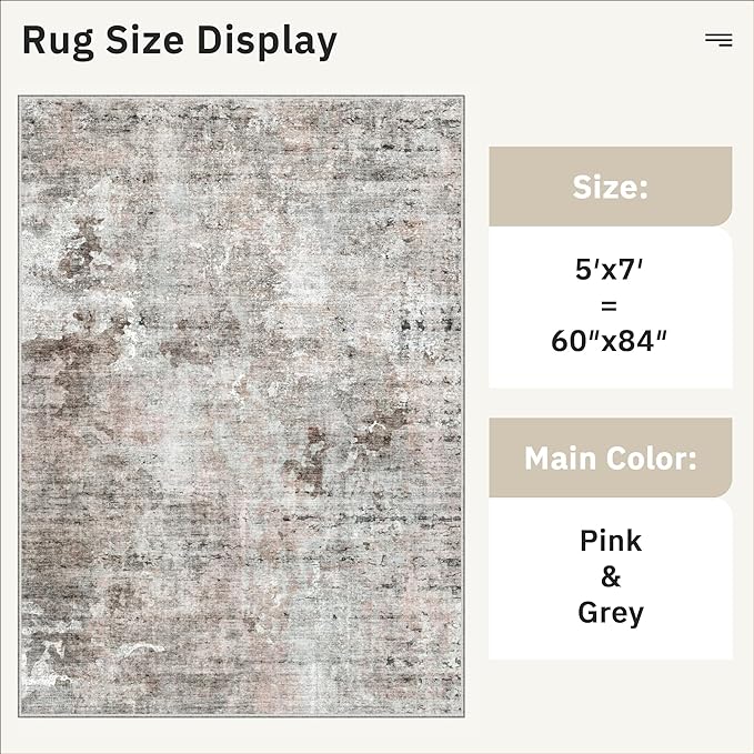 Abstract Rug 5x7 Machine Washable Area Indoor Pink Grey Low Pile Non-Slip Foldable Thin Accent Gray Rugs for Bedroom Living Room Dining Room