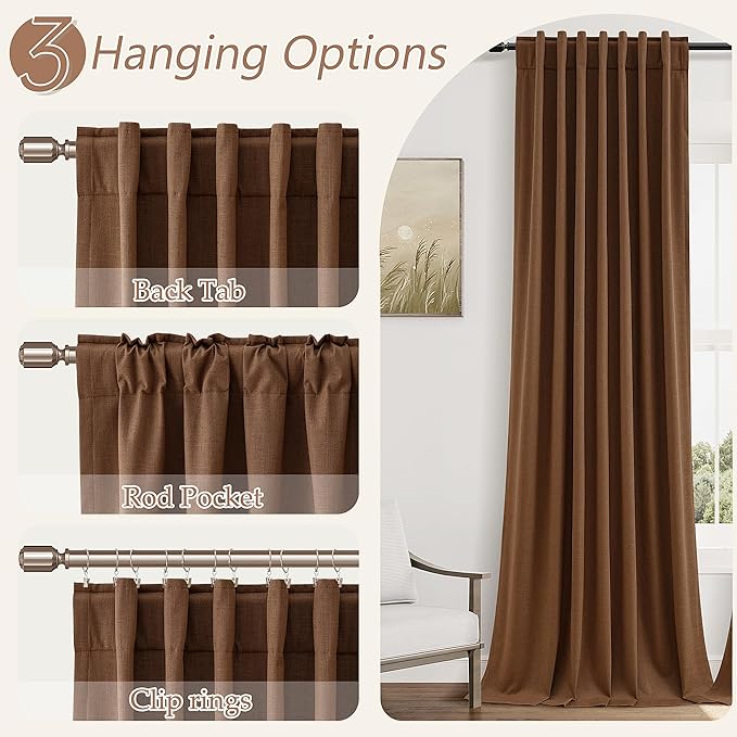 Guken Caramel Brown 100% Blackout Linen Curtains 100 Inch Length 2 Panels Set for Living Room Bedroom Back Tab/Rod Pocket Thermal Insulated Black Out Drapes Room Darkening Window Curtains