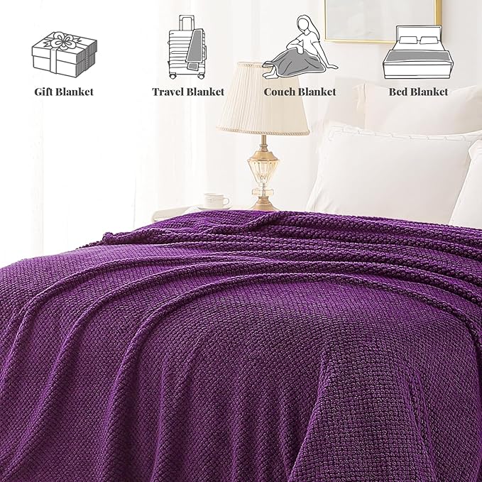 Whale Flotilla Queen Size Fuzzy Fleece Blanket for Bed, 90x90 Inch Fluffy Warm Soft Jacquard Blankets for All Season, Lightweight and Cozy, Purple