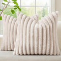 decorUhome Summer Cozy Faux Fur Throw Pillow Covers 20x20 Set of 2 Decorative Soft Plush Striped Modern Farmhouse Boho Couch Pillow Cases with Velvet Back for Sofa Bed Living Room, Beige