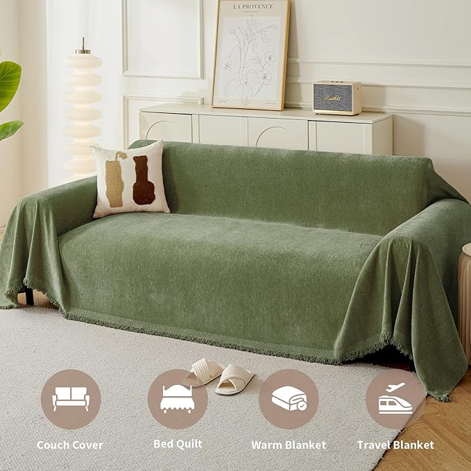 Couch Cover for Dogs, Boho Sofa Covers for 3 Cushion Couch, Chenille Sofa Slipcover for Pets Washable, L-Shape Sectional Couch Loveseat Cover Soft Throw Blankets with Tassels(71x134,Green)