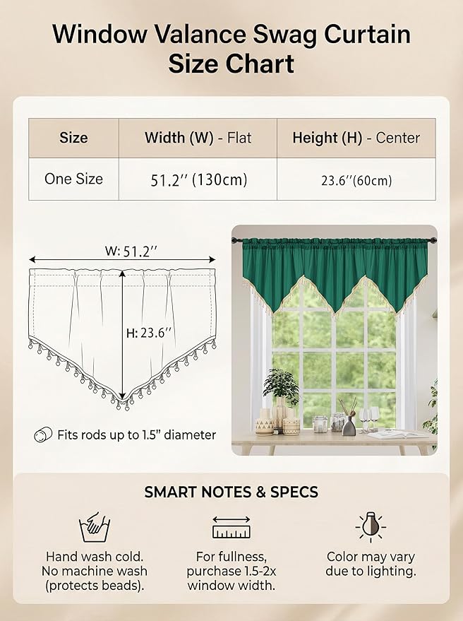 Molaxhome Swag Curtain 51 inch Length Rod Pocket Scalloped Curtain Valance Sheer Lace Panels with Hanging Crystal Beads for Kitchen Bedroom Window Treatments Drape Decor 1pc (Cloth Green, 51Wx23L)