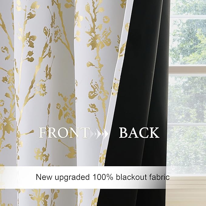 NICETOWN White Blackout Floral Kitchen Valances for Windows, Gold Foil Flower Shadow Printed Scalloped Drapes 18 Inch Length with Rod Pocket for Bathroom, W42×L18, 1 Panel