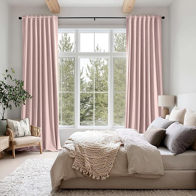 MIULEE 100% Blackout Linen Curtains for Bedroom, Pink Solid Luxury Decor Thermal Insulation Room Darkening Drapes for Living Room Nursery Back Tab Rod Pocket 42 x 63 Inches, 2 Panels
