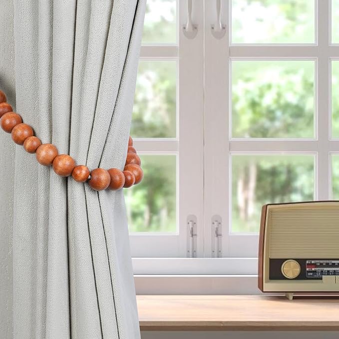 Wood Bead Curtain Tiebacks, KLOGTSIND Set of 4 Curtain Holdbacks for Thin or Thick Window Draperies, Boho Farmhouse Curtain Tiebacks with Hooks, Curtain Tie Backs for Home Office Room Decor