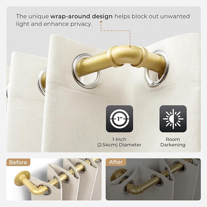 Zeerobee Curtain Rods for Windows 66 to 120, 1 Inch Industrial Wrap Around Gold Curtain Rod, Indoor/Outdoor Room Divider Adjustable Drapery Pole, 66"-120"