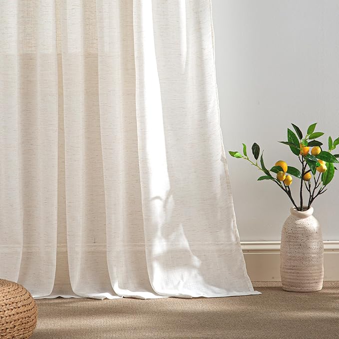 RYB HOME Linen Sheer Curtains Light & Airy Translucent Privacy Protected Vertical Panels for Bedroom Living Room, Rod Pocket & Back Tab, Ivory, W 52 x L 95 inch, 2 Panels