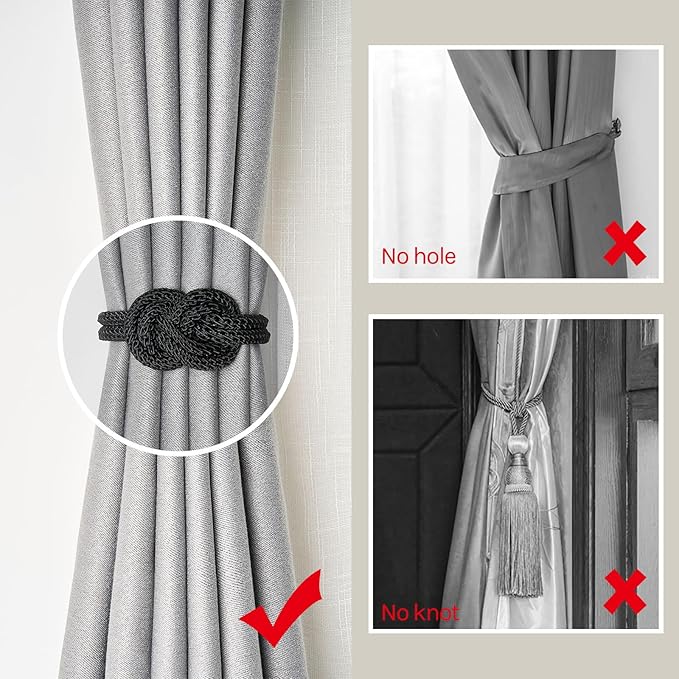 NICEEC 4 Pack Mini Magnetic Curtain Tiebacks Nordic Simple Style Drape Tie Backs Elegant Hand Weave Rope Knot Decorative Curtain Holdbacks for Home & Office Thin Window Drapery (Black)
